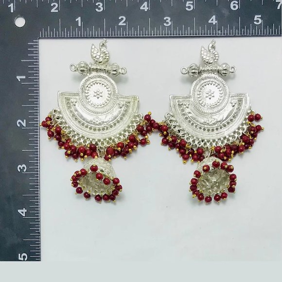 Massive Dangle Earrings, Oxidized Silver Indian Earrings, Handmade Silver Tone - Picture 6 of 6